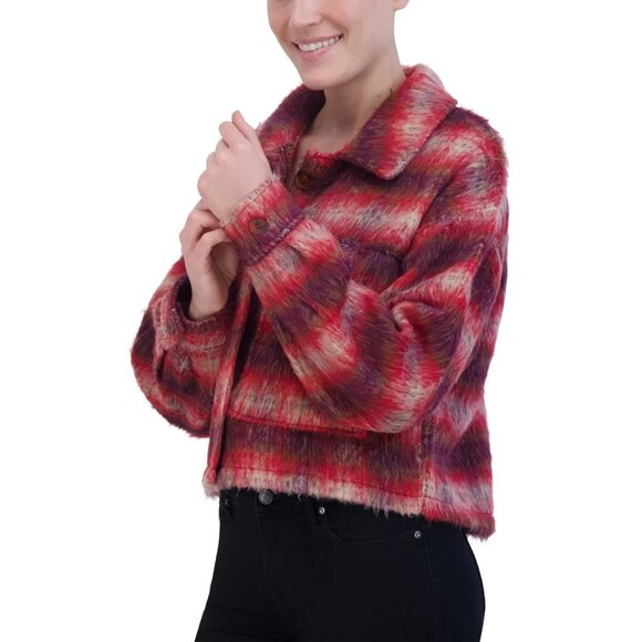 Vigoss M Brushed Plaid Crop Jacket Faux Fur Aztec Western Shacket Chest Pocket - Picture 4 of 11